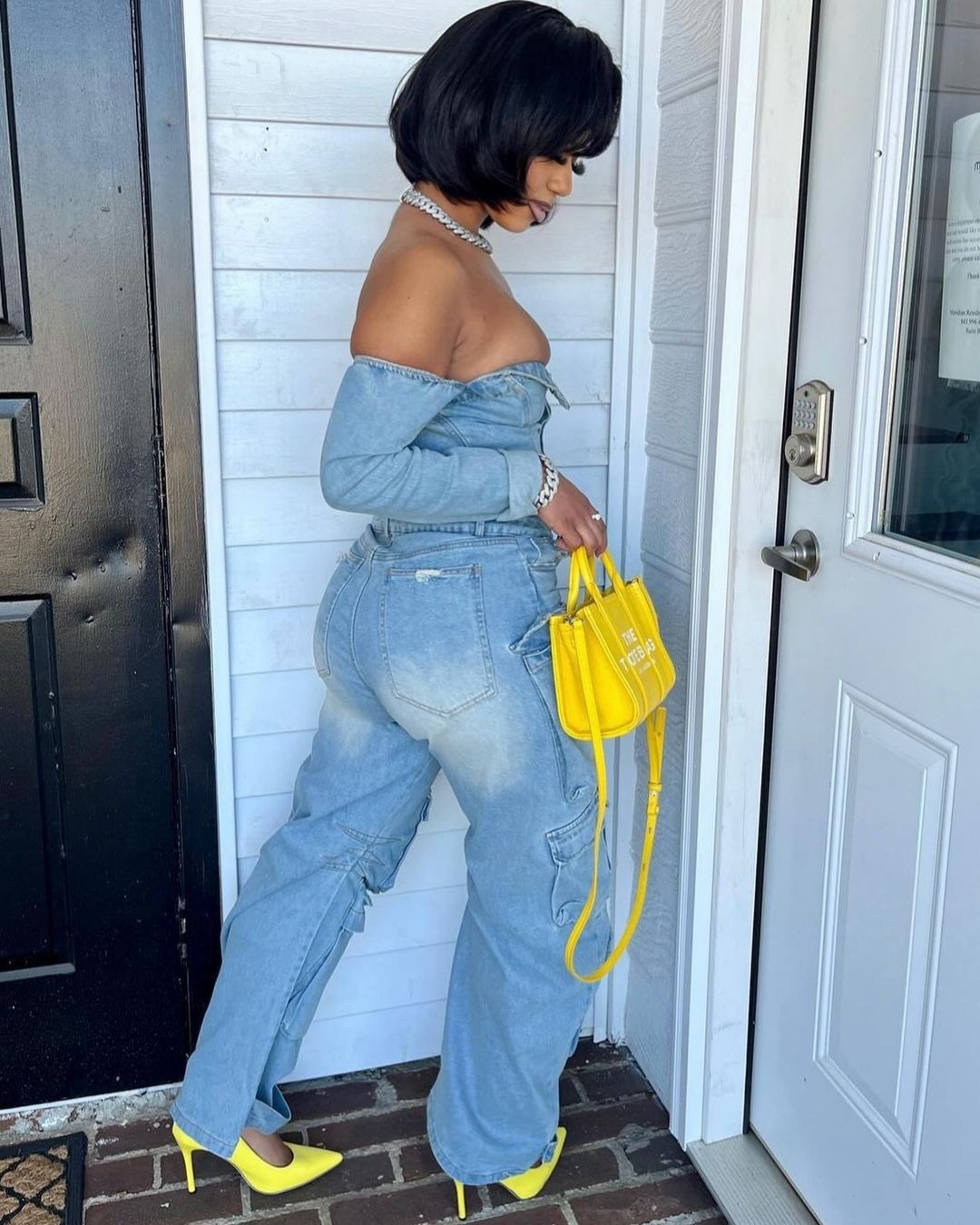 Off-Shoulder Buttoned Multi-Pocket Denim Jumpsuit for Autumn/Winter