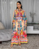 Women's Autumn Turn-Down Collar Lantern Sleeve Slim Waist Painting Print Casual Dress
