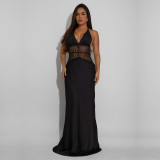 Women's Fashion Sexy Lace V-Neck Patchwork Low Back Dress