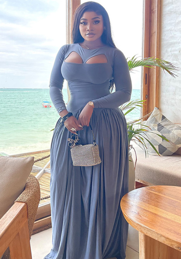 Women's Autumn Fashion Elegant Solid Color Long Sleeve Cut-Out Flared Dress