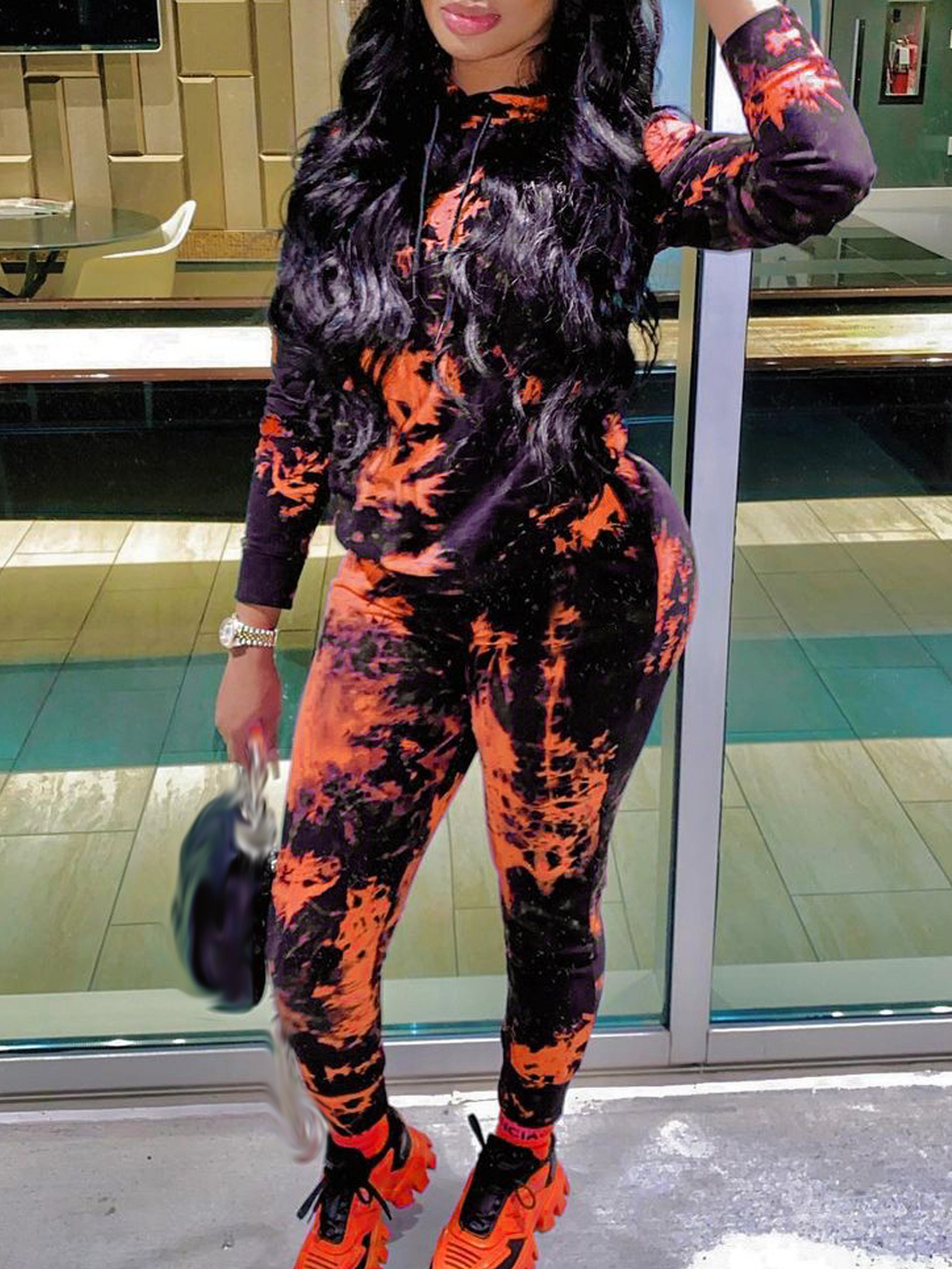 Women Fall/Winter Tie-Dye Hooded Top and Pant Two-Piece Set