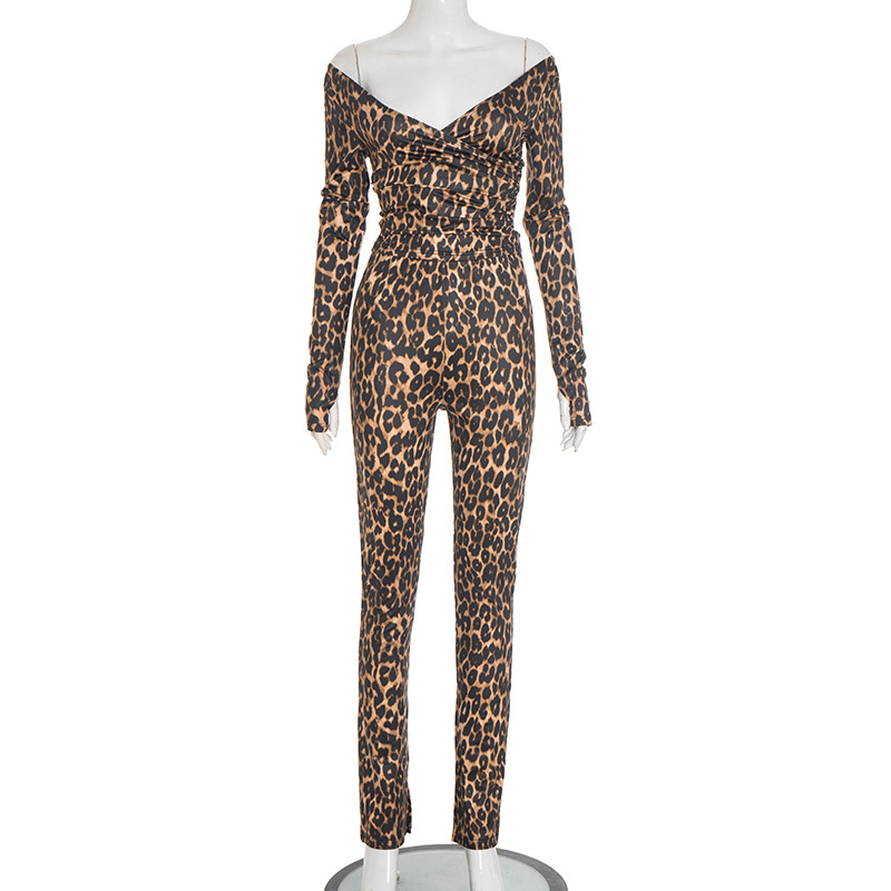 Women's Autumn Winter Leopard Print Off Shoulder Deep V-Neck Finger Sleeve High Waist Pants Set