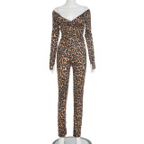 Women's Autumn Winter Leopard Print Off Shoulder Deep V-Neck Finger Sleeve High Waist Pants Set