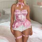 Women's Sexy Pink Lace Bow Bodysuit