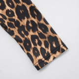 Women's Autumn Winter Leopard Print Off Shoulder Deep V-Neck Finger Sleeve High Waist Pants Set