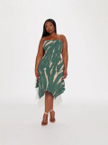 Women's Fashion Sexy Strapless Print Slim Waist Asymmetrical Dress