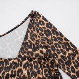 Women's Autumn Winter Leopard Print Off Shoulder Deep V-Neck Finger Sleeve High Waist Pants Set