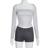 Women's Sexy Color Block Polka Dot Long Sleeve Cape Shorts Vest Three-Piece Set