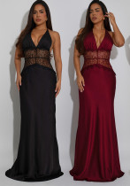 Women's Fashion Sexy Lace V-Neck Patchwork Low Back Dress