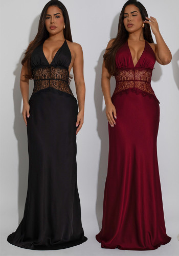 Women's Fashion Sexy Lace V-Neck Patchwork Low Back Dress