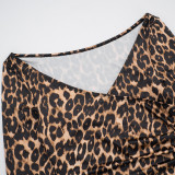 Women's Autumn Winter Leopard Print Off Shoulder Deep V-Neck Finger Sleeve High Waist Pants Set