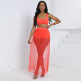 Women's Fashion Sexy Vest Shorts See-Through Pleated Mesh Skirt Beach Three-Piece Set