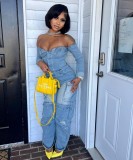 Women's Autumn Winter Off Shoulder Buttoned Multi-Pocket Washed Denim Jumpsuit