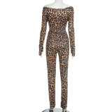 Women's Autumn Winter Leopard Print Off Shoulder Deep V-Neck Finger Sleeve High Waist Pants Set