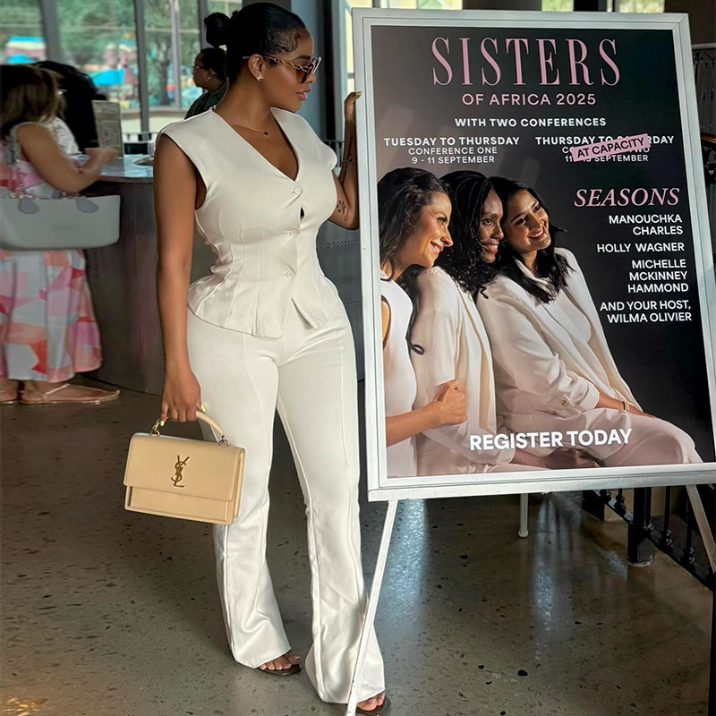 Women's Autumn Fashion V-Neck Button Slim Waist Vest Straight Leg Solid Color Pants Set