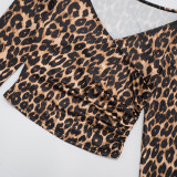 Women's Autumn Winter Leopard Print Off Shoulder Deep V-Neck Finger Sleeve High Waist Pants Set