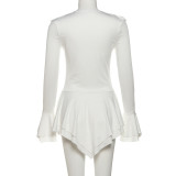 Women's Autumn Solid Color Fashion V-Neck Bell Sleeve Slim Waist Ruffle Hem Dress