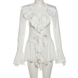 Women's Autumn Solid Color Fashion V-Neck Bell Sleeve Slim Waist Ruffle Hem Dress