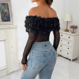 Women's Party See-Through Mesh Off Shoulder Floral Slim Fit Bodysuit