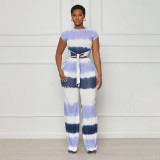 Women's Fashion Tie Waist Open Waist Top Sexy Straight Pants Gradient Color Outfit Set