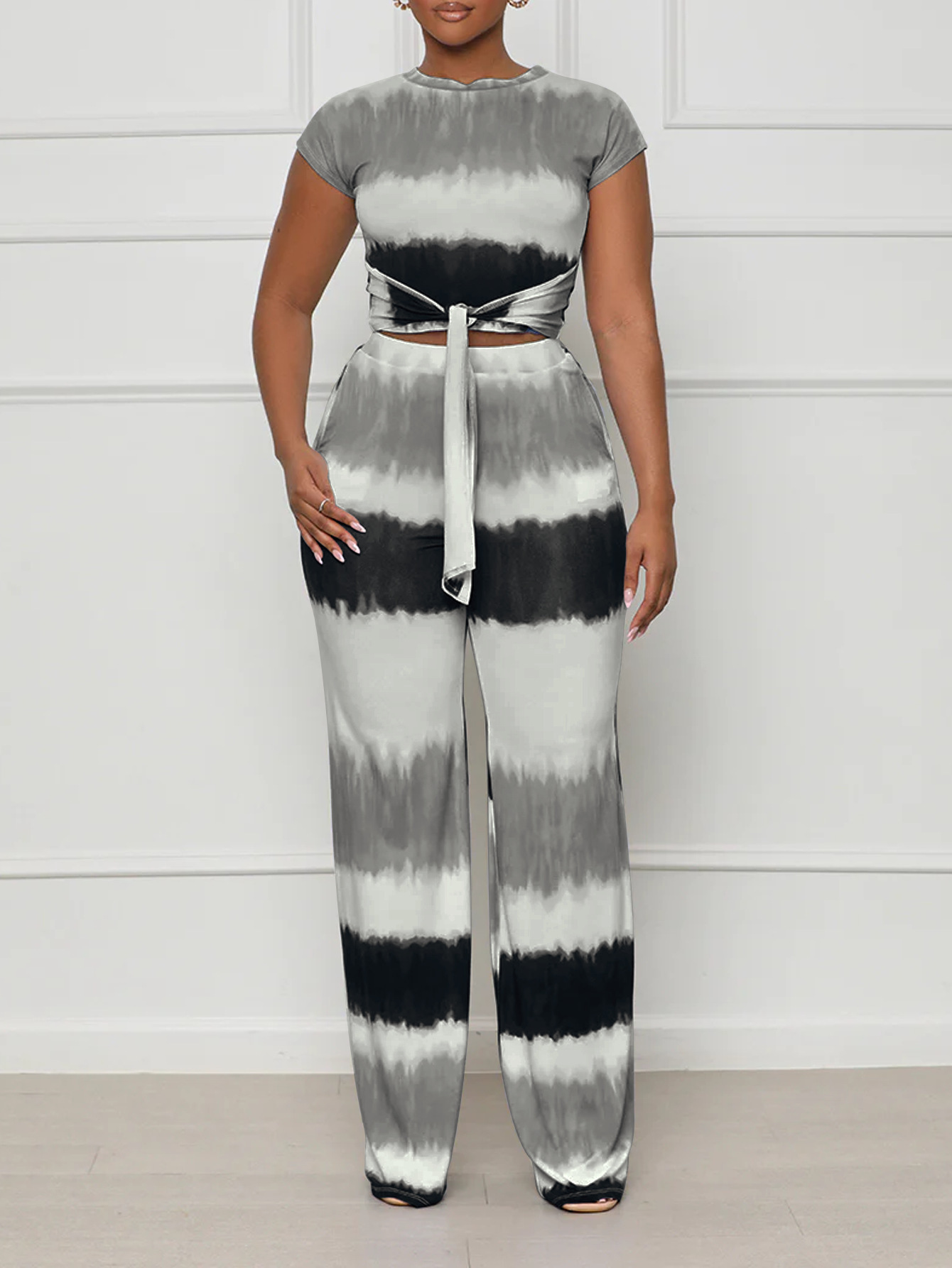 Women's Fashion Tie Waist Open Waist Top Sexy Straight Pants Gradient Color Outfit Set