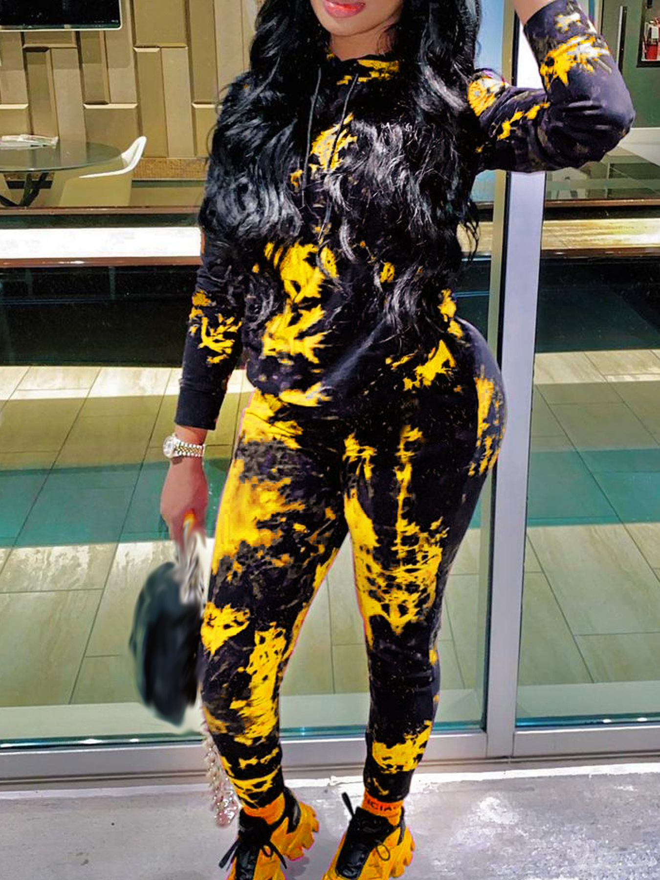 Women Fall/Winter Tie-Dye Hooded Top and Pant Two-Piece Set