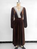 Women Fall/Winter Patchwork Lace V-Neck Long-Sleeved Velvet Maxi Dress