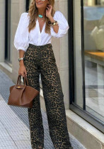 Women V-neck puff sleeve white lining and leopard print wide-leg Pant two-piece set Women V-neck puff sleeve white lining and leopard print wide-leg Pant two-piece set
