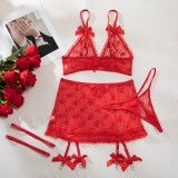 Women heart print see-through mesh bow lingerie with sexy lingerie