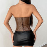 Women Pu-Leather Strapless Vest with Sexy Pu-Leather Wrapped Herringbone Top