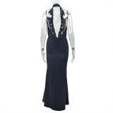 Women Slit Solid Backless Sexy V-Neck Halter Neck Bodycon Dress