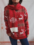 Women Fall/Winter Round Neck Long-Sleeved Fawn Snowflake Jacquard Christmas Scarf Sweater Two-Piece Set