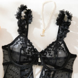 Women pink petal heart print embroidered bodysuit with sexy lingerie