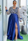 Plus-size African Women sequined lace long-sleeved V-neck elegant maxi dress