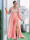 Plus-size African Women sequined lace long-sleeved V-neck elegant maxi dress