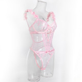 Women pink petal heart print embroidered bodysuit with sexy lingerie