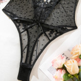 Women pink petal heart print embroidered bodysuit with sexy lingerie