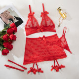 Women heart print see-through mesh bow lingerie with sexy lingerie