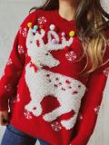 Women Elk Flocked Jacquard Pearl Pom Knitting Christmas Sweater