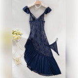 Women cheongsam with slanted slits and exposed legs, lace half-see-through thong two-piece nightdress with sexy lingerie