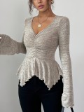 Women Fall/Winter ruffle sleeve knitted v-neck T-shirt top