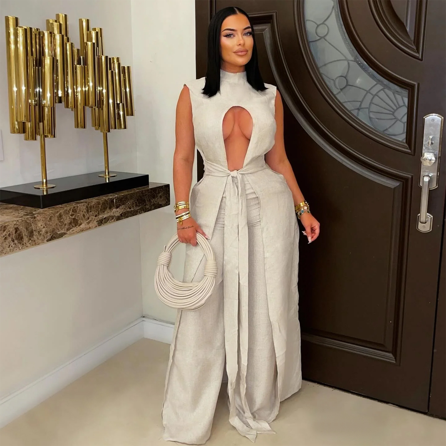 Women sexy solid lace-up sleeveless top and Pant Two Piece Set