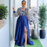 Plus-size African Women sequined lace long-sleeved V-neck elegant maxi dress