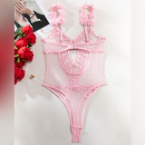 Women pink petal heart print embroidered bodysuit with sexy lingerie