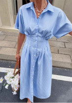 Women Striped Blue Short-Sleeved Shirt Dress