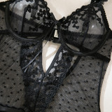 Women pink petal heart print embroidered bodysuit with sexy lingerie