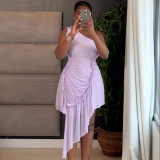 Women's Autumn Fashion One Shoulder Ruffle Hem Asymmetrical Solid Color Dress