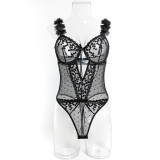 Women pink petal heart print embroidered bodysuit with sexy lingerie