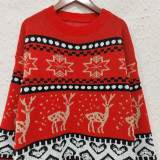 Women Winter Christmas Casual Red Fawn Jacquard Long-Sleeved Round Neck Knitted Sweater