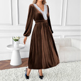Women Fall/Winter Patchwork Lace V-Neck Long-Sleeved Velvet Maxi Dress
